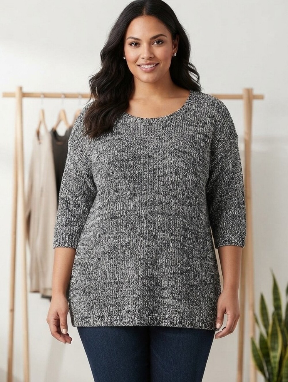 Woman Within Black White Speckled Knit Scoop Neck 3/4 Sleeve Sweater | 22/24